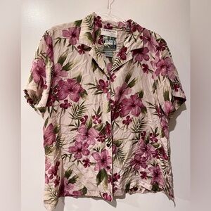 Silk Traders Men’s 100% Silk Hawaiian Shirt L Pink Floral Aloha Camp Casual